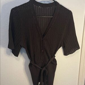 Women's Brown Short-Sleeve Knit Button-Front Cardigan with Tie Waist